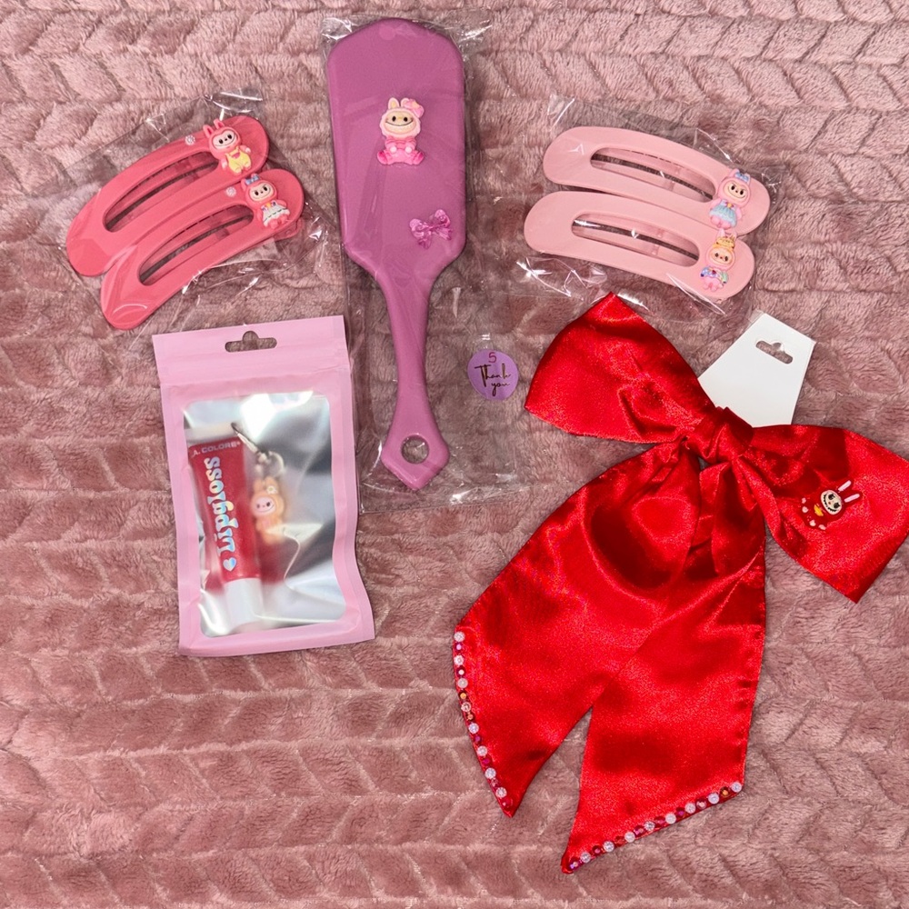 Cute Pink & Red Hair Accessory Set Labubu lil monsters handmade Easter